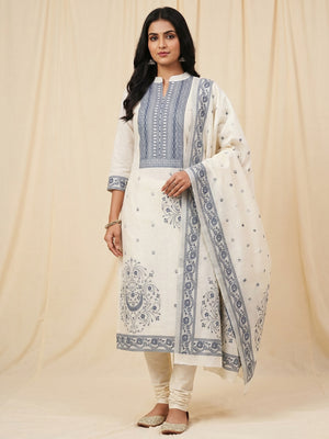 Cream & Blue Floral Woven Pure Cotton Dress Material - Image 1
