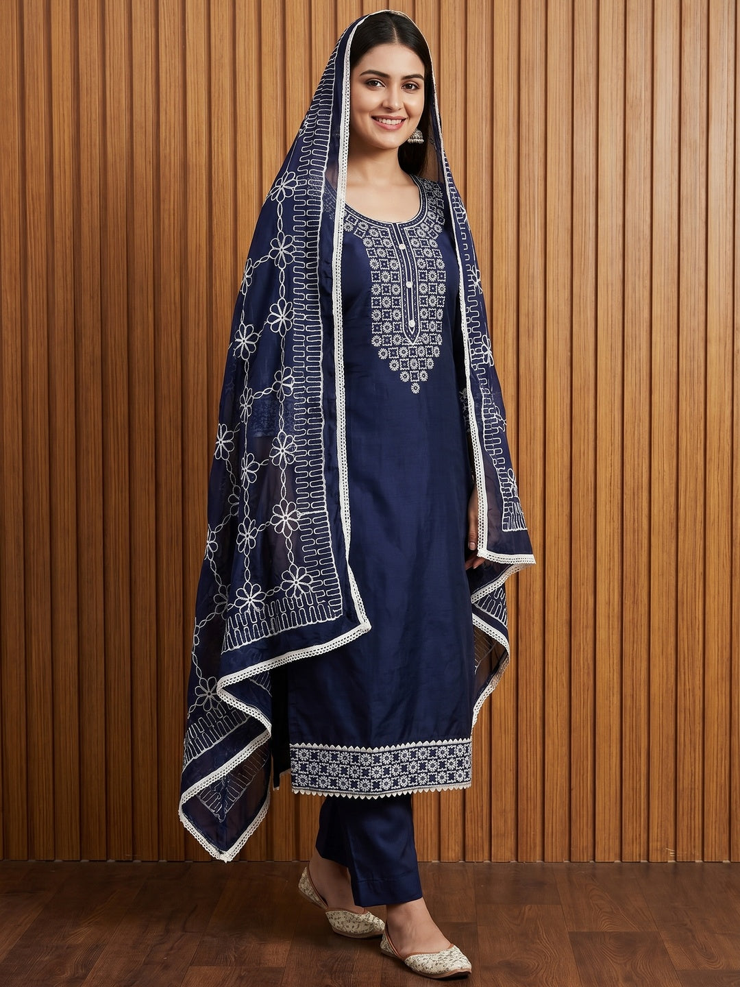 Navy Blue Floral Embroidered Chanderi Dress Material - Image 1