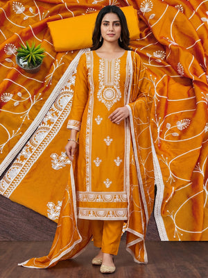 Mustard Floral Embroidered Vichitra Silk Dress Material - Image 1