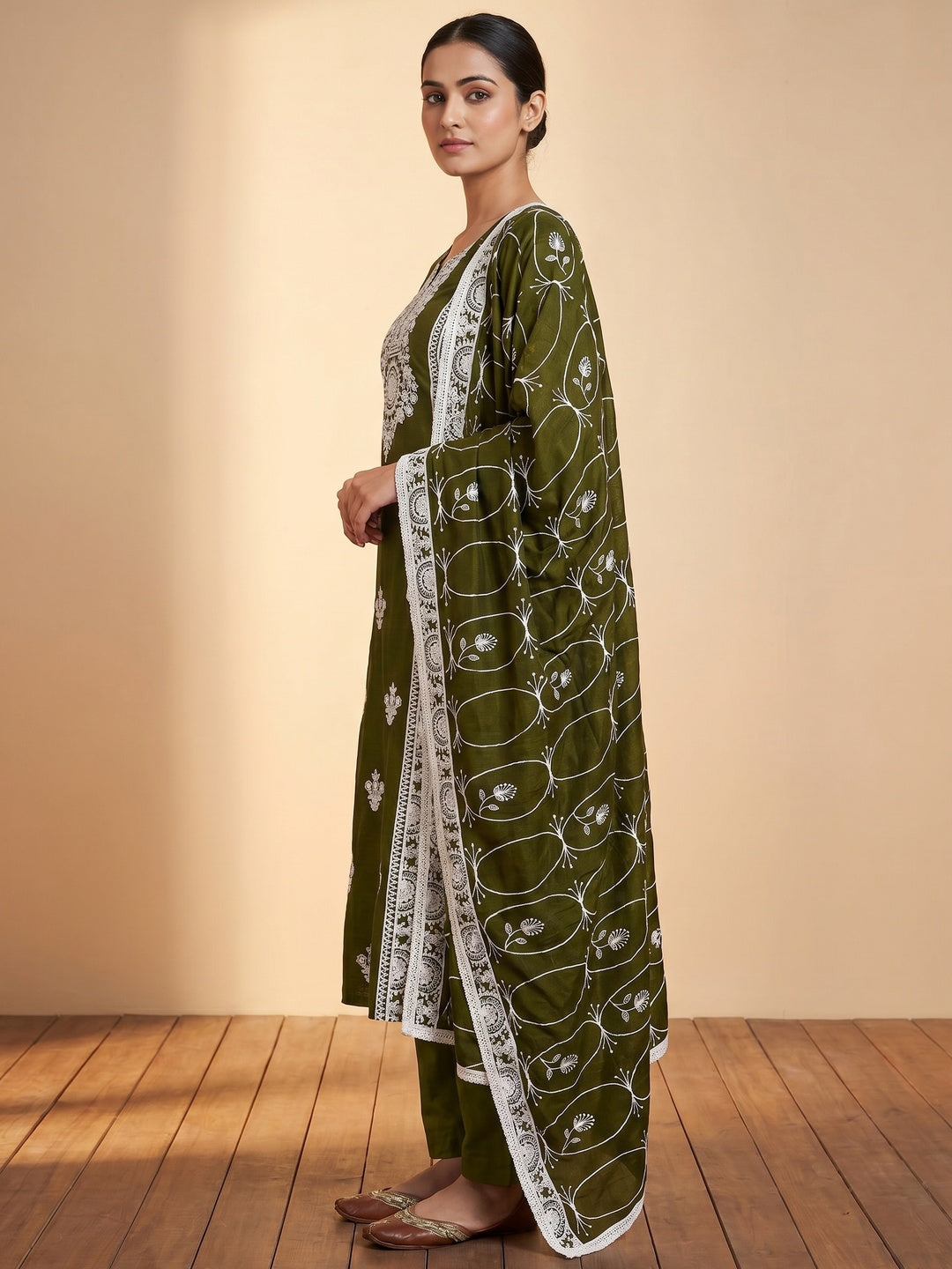 Mehendi Green Floral Embroidered Vichitra Silk Dress Material - Image 2