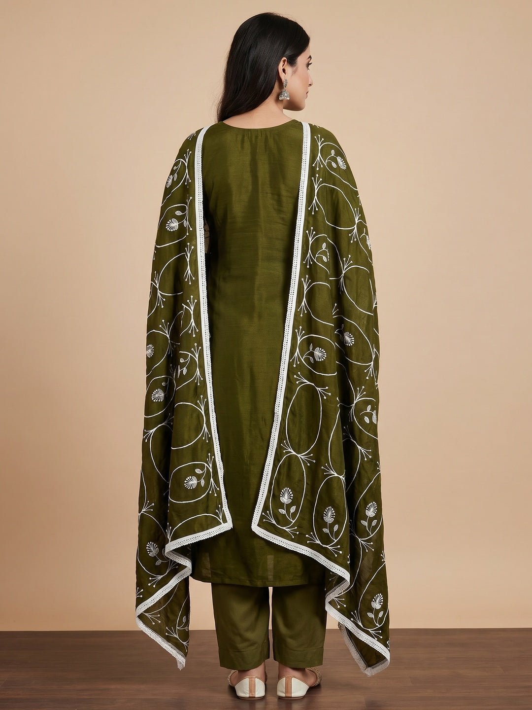 Mehendi Green Floral Embroidered Vichitra Silk Dress Material - Image 3