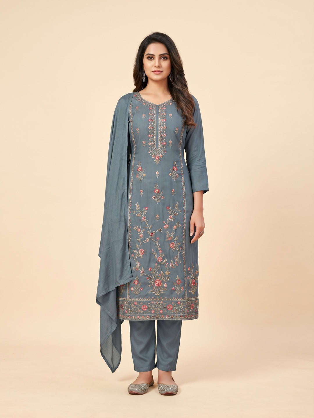 Greyish Blue Floral Embroidered Rayon Palazzo Suit - Image 2