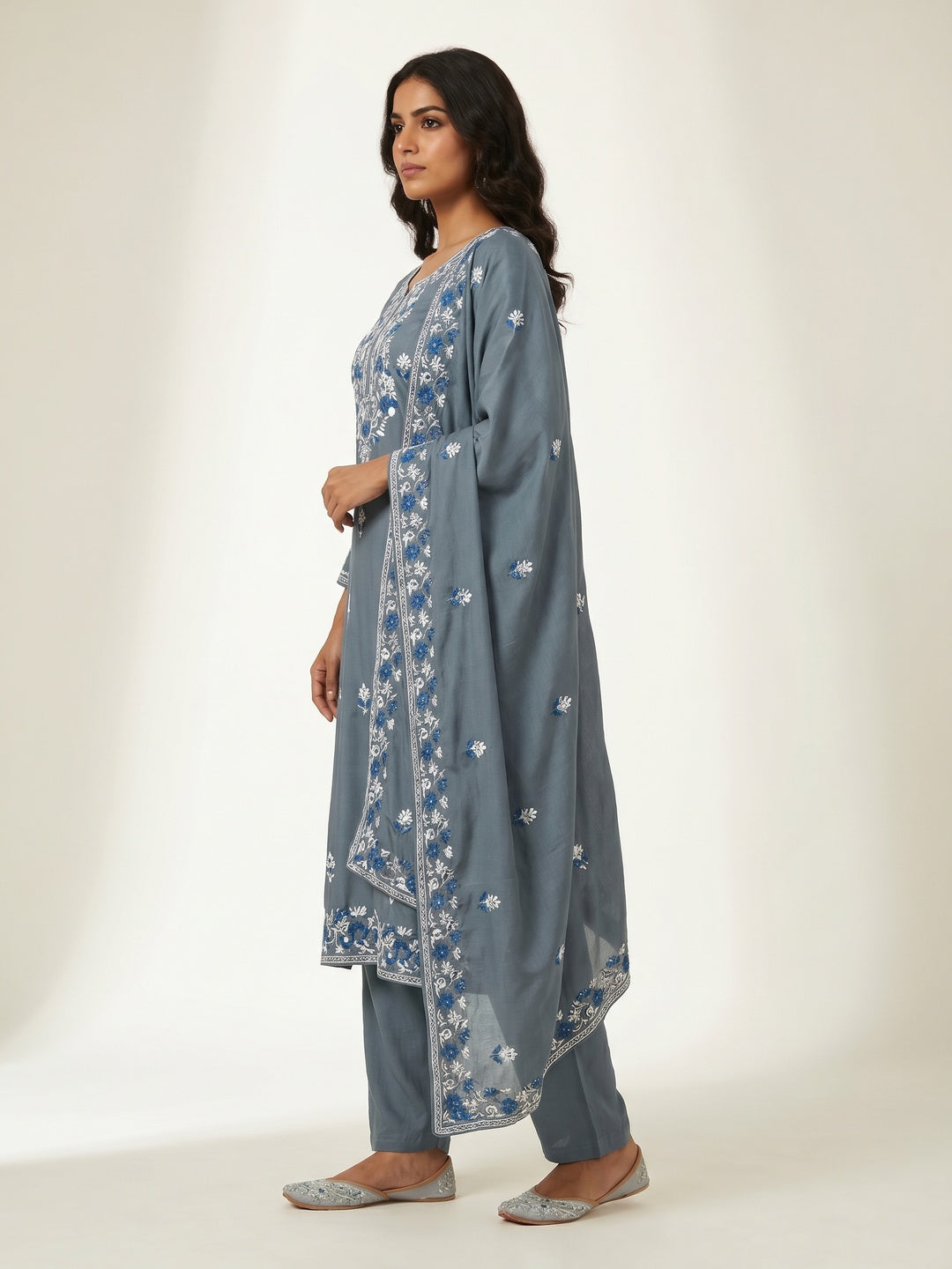 Greyish Blue Floral Embroidered Rayon Palazzo Suit - Image 4