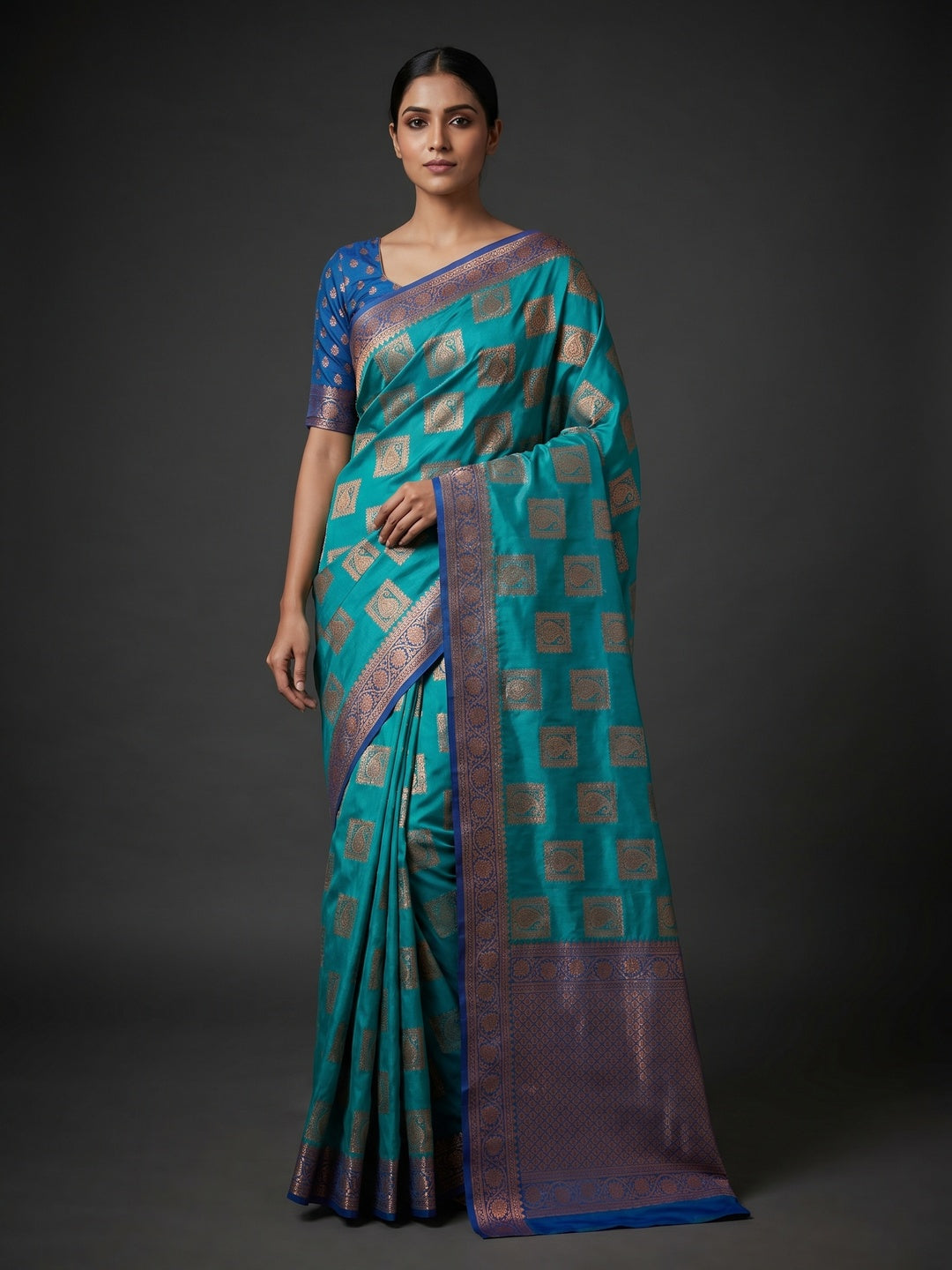 Turquoise Floral Woven Banarasi Silk Saree - Image 1