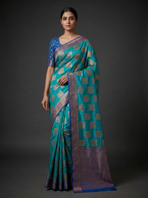 Turquoise Floral Woven Banarasi Silk Saree - Image 1