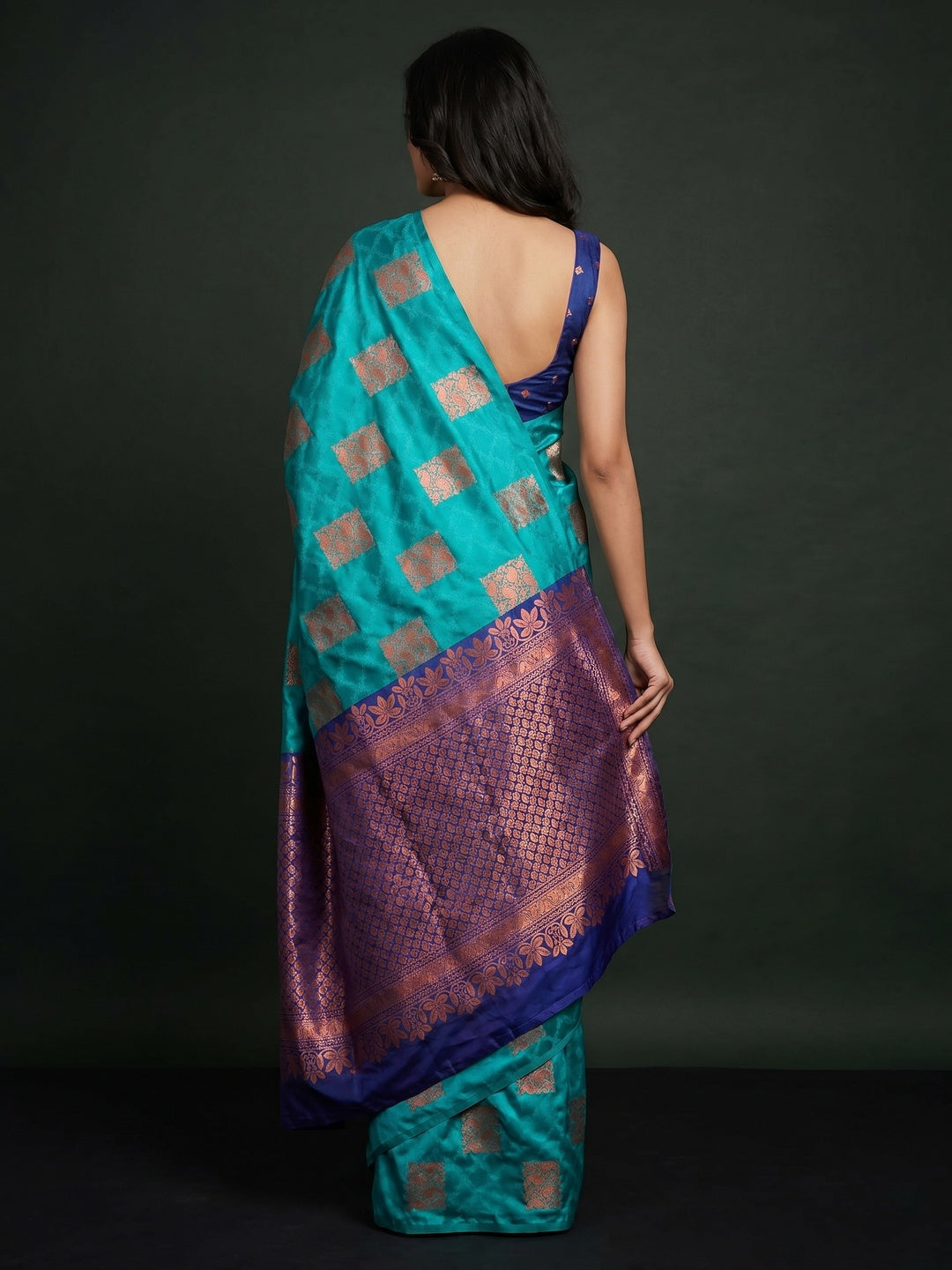 Turquoise Floral Woven Banarasi Silk Saree - Image 3