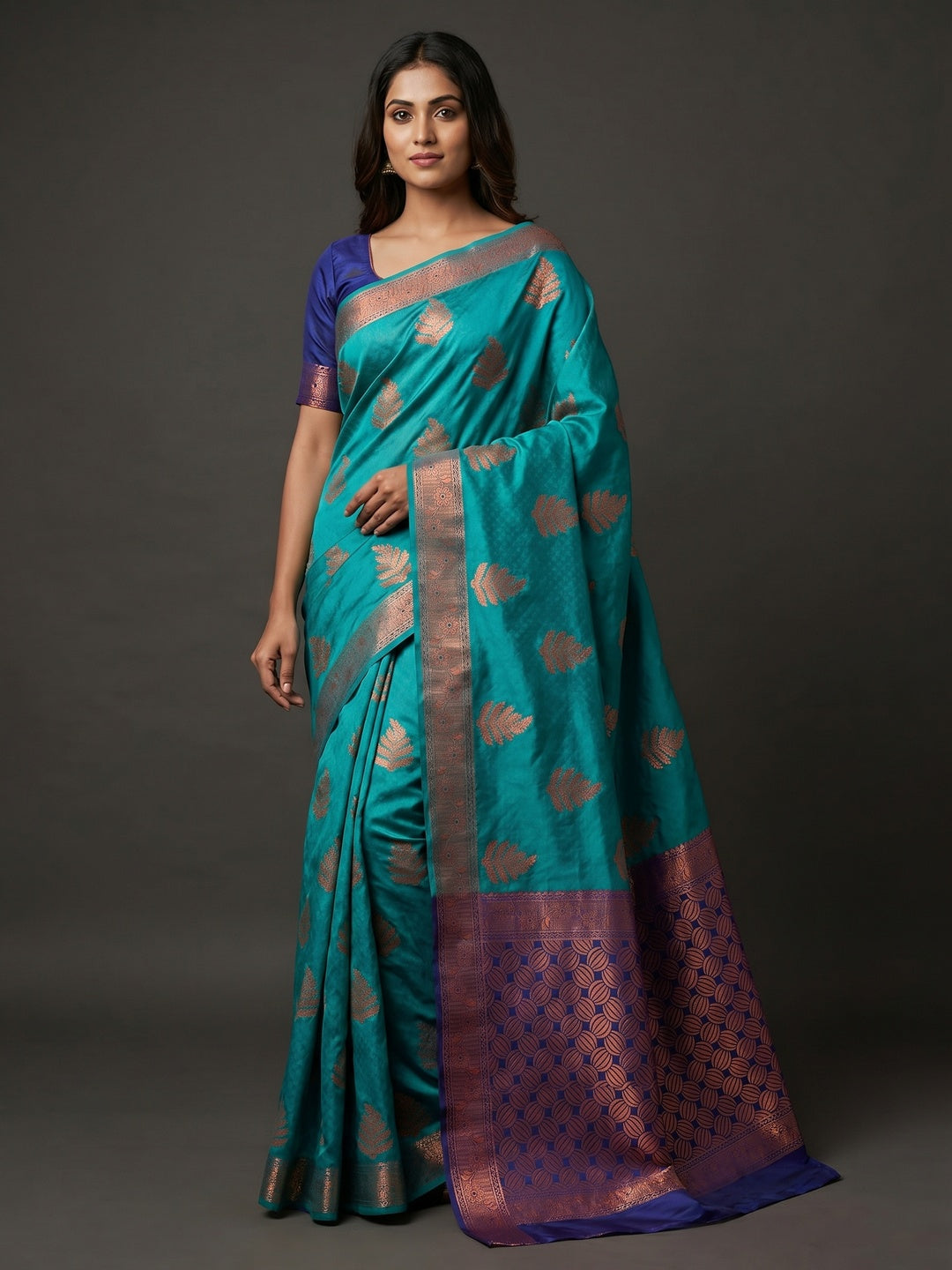 Turquoise Woven Banarasi Silk Saree - Image 1