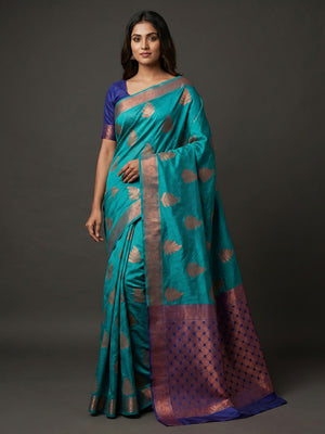 Turquoise Woven Banarasi Silk Saree - Image 1