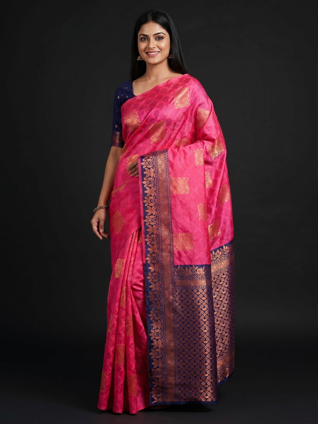 Pink Floral Woven Banarasi Silk Saree - Image 1