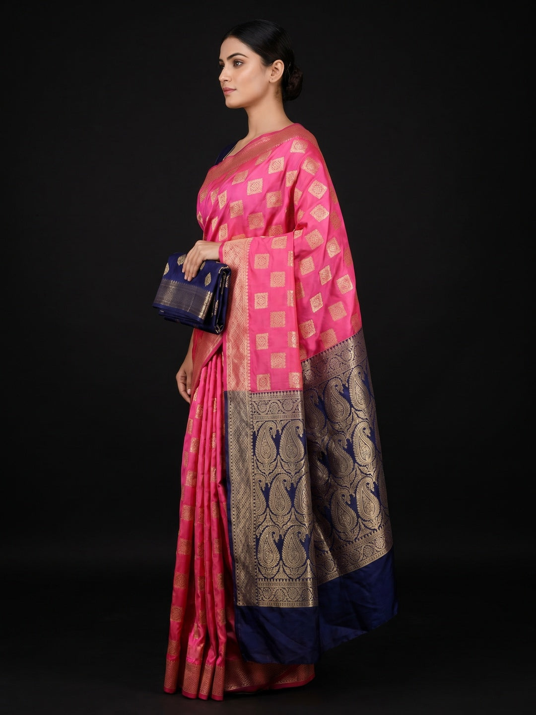 Pink Floral Woven Banarasi Silk Saree - Image 2
