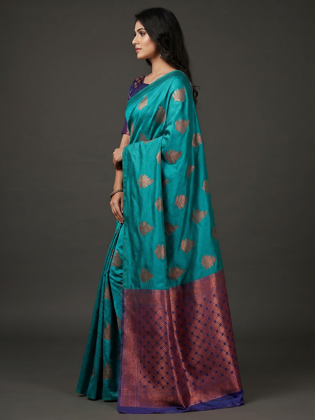 Turquoise Woven Banarasi Silk Saree - Image 3