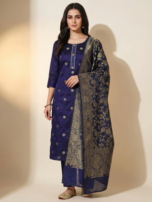 Navy Blue Floral Woven Banarasi Silk Dress Material - Image 1