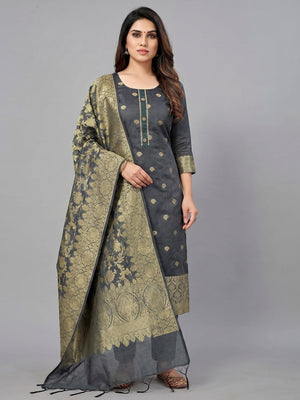 Grey Floral Woven Banarasi Silk Dress Material - Image 1