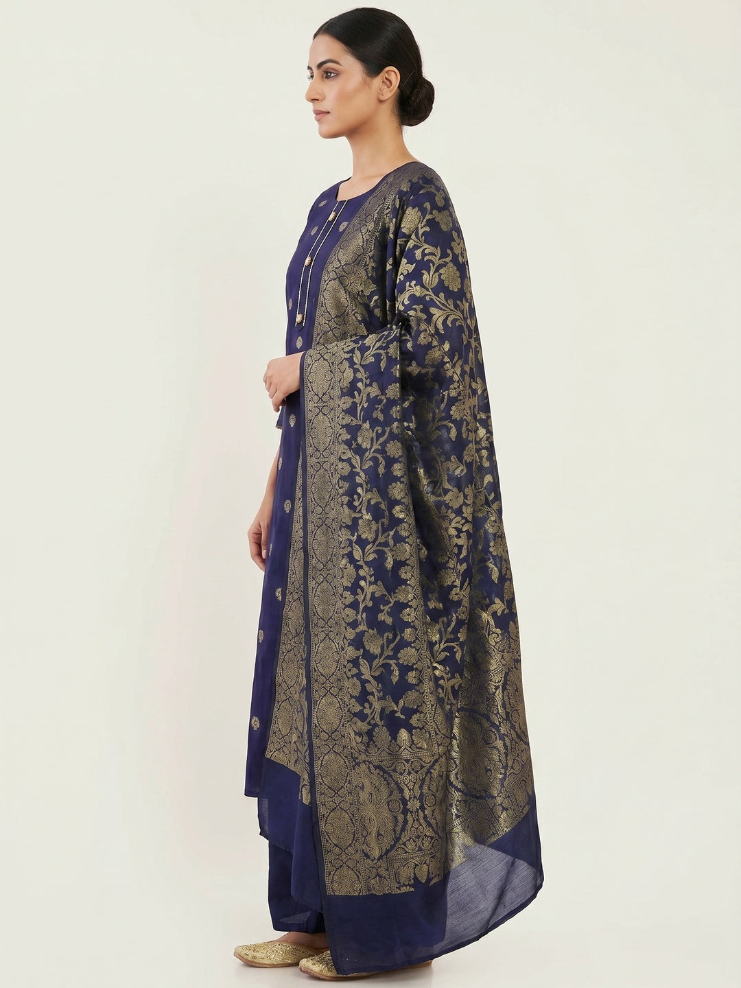 Navy Blue Floral Woven Banarasi Silk Dress Material - Image 2