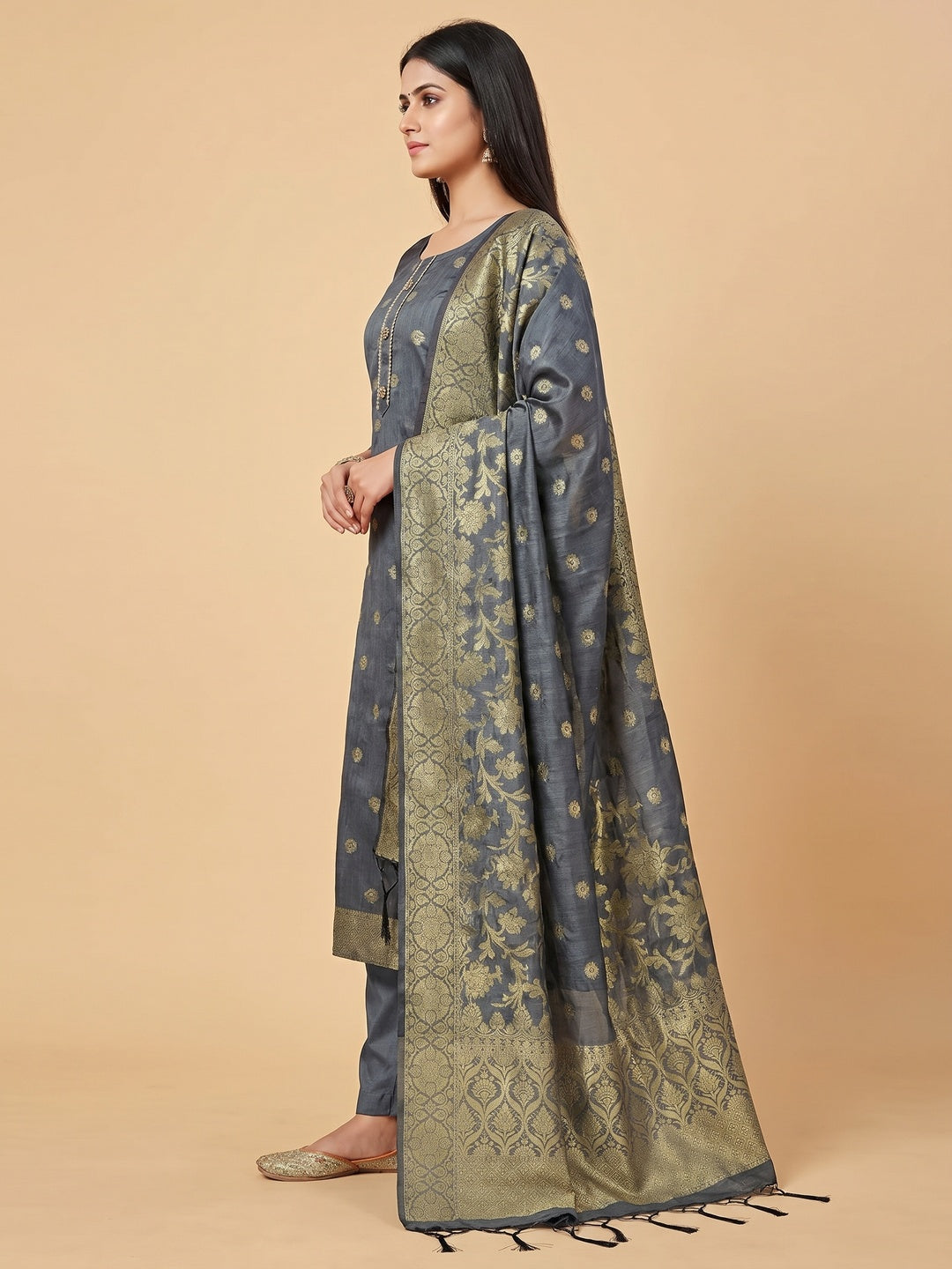 Grey Floral Woven Banarasi Silk Dress Material - Image 2