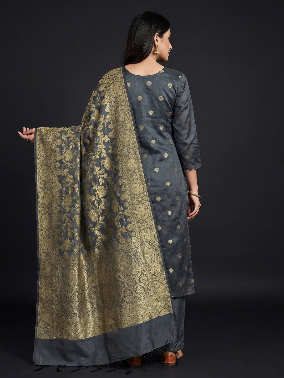 Grey Floral Woven Banarasi Silk Dress Material - Image 3