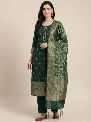 Green Floral Woven Banarasi Silk Dress Material - Image 1