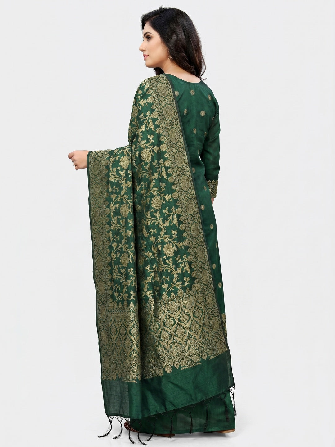 Green Floral Woven Banarasi Silk Dress Material - Image 3