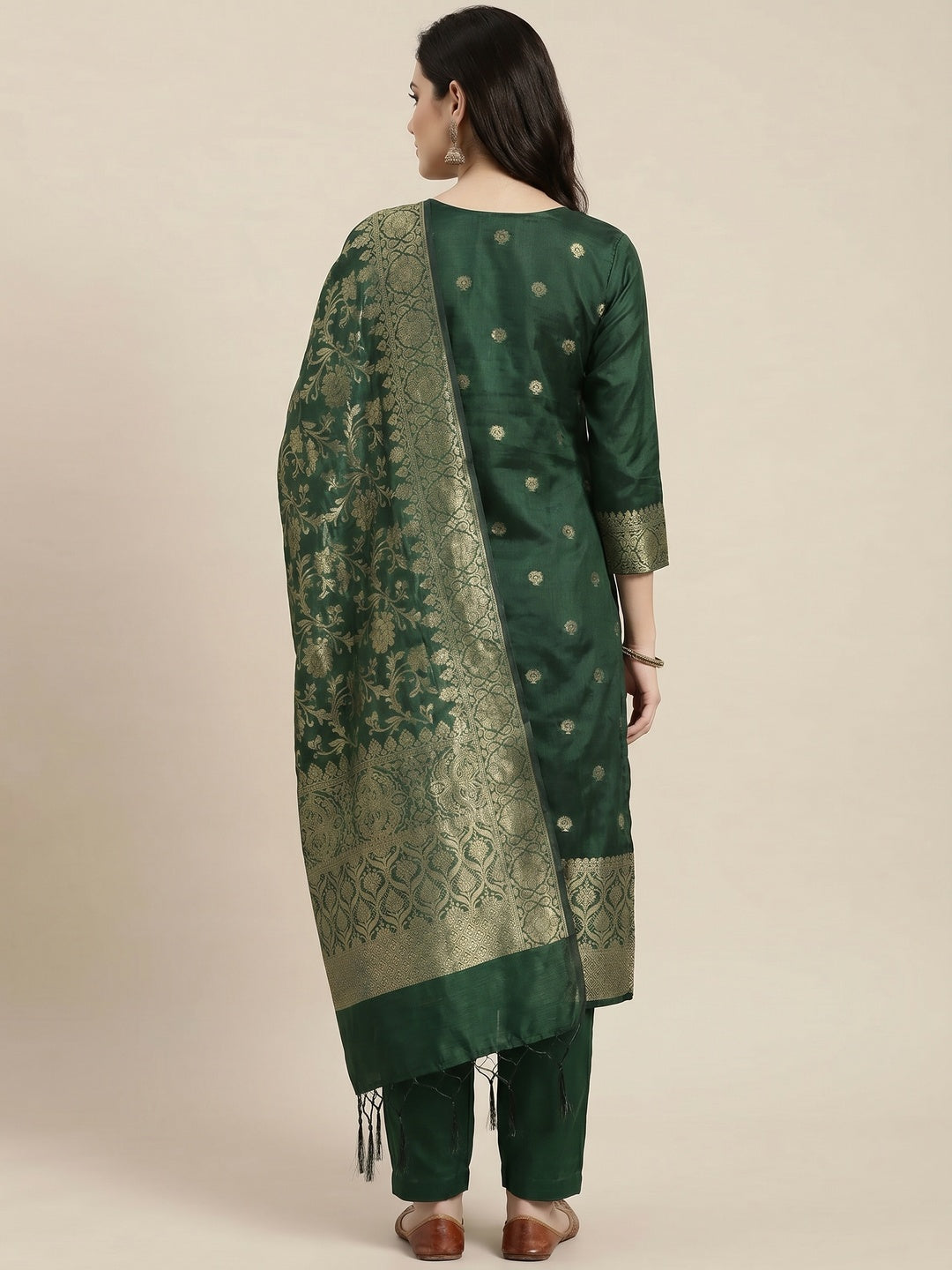 Green Floral Woven Banarasi Silk Dress Material - Image 2
