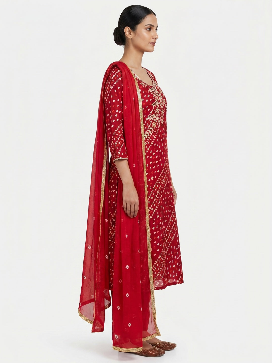 Red Printed With Handwork Pure Cotton Dress Material - Image 3
