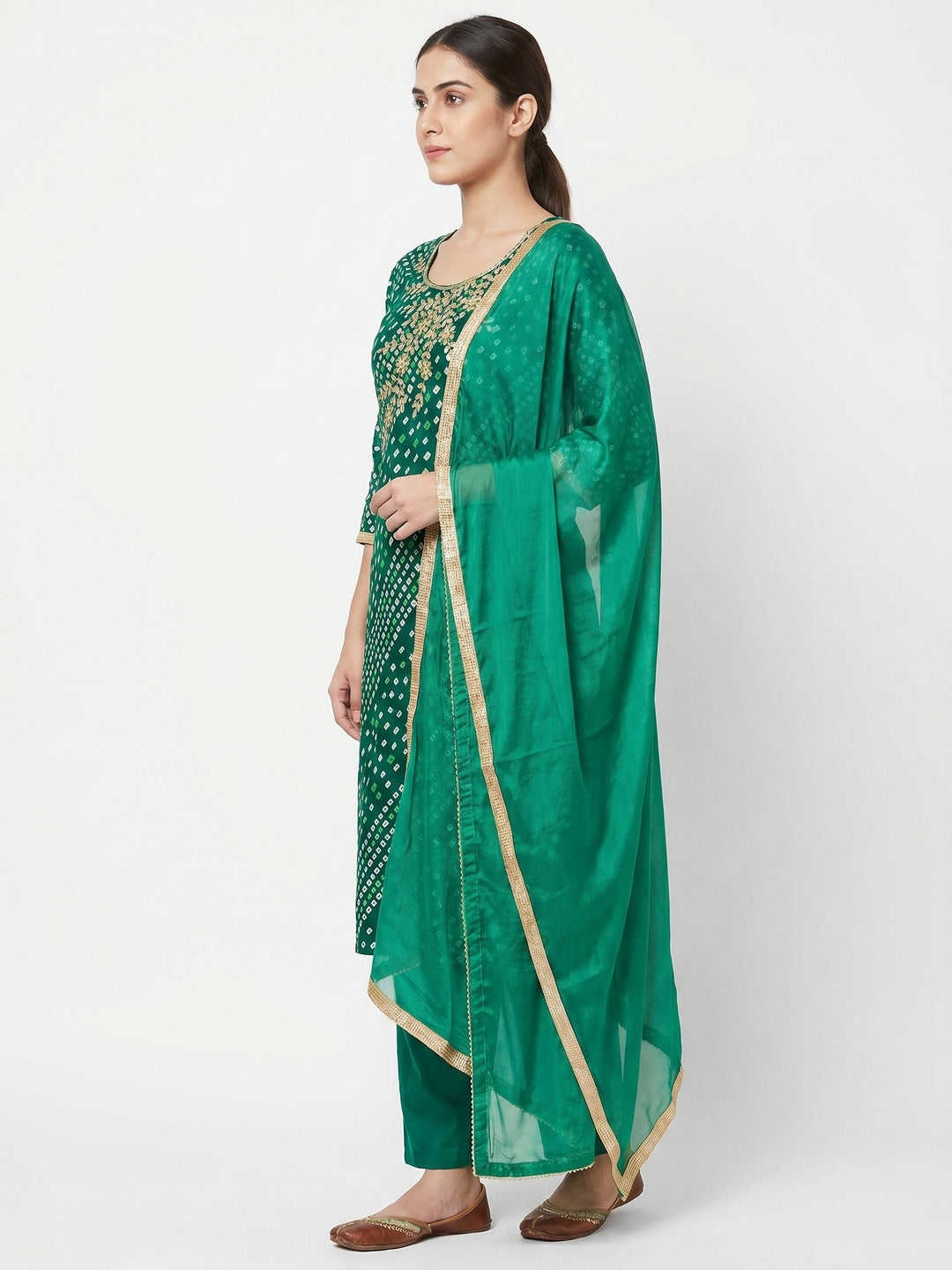 Green Printed With Handwork Pure Cotton Dress Material - Image 2
