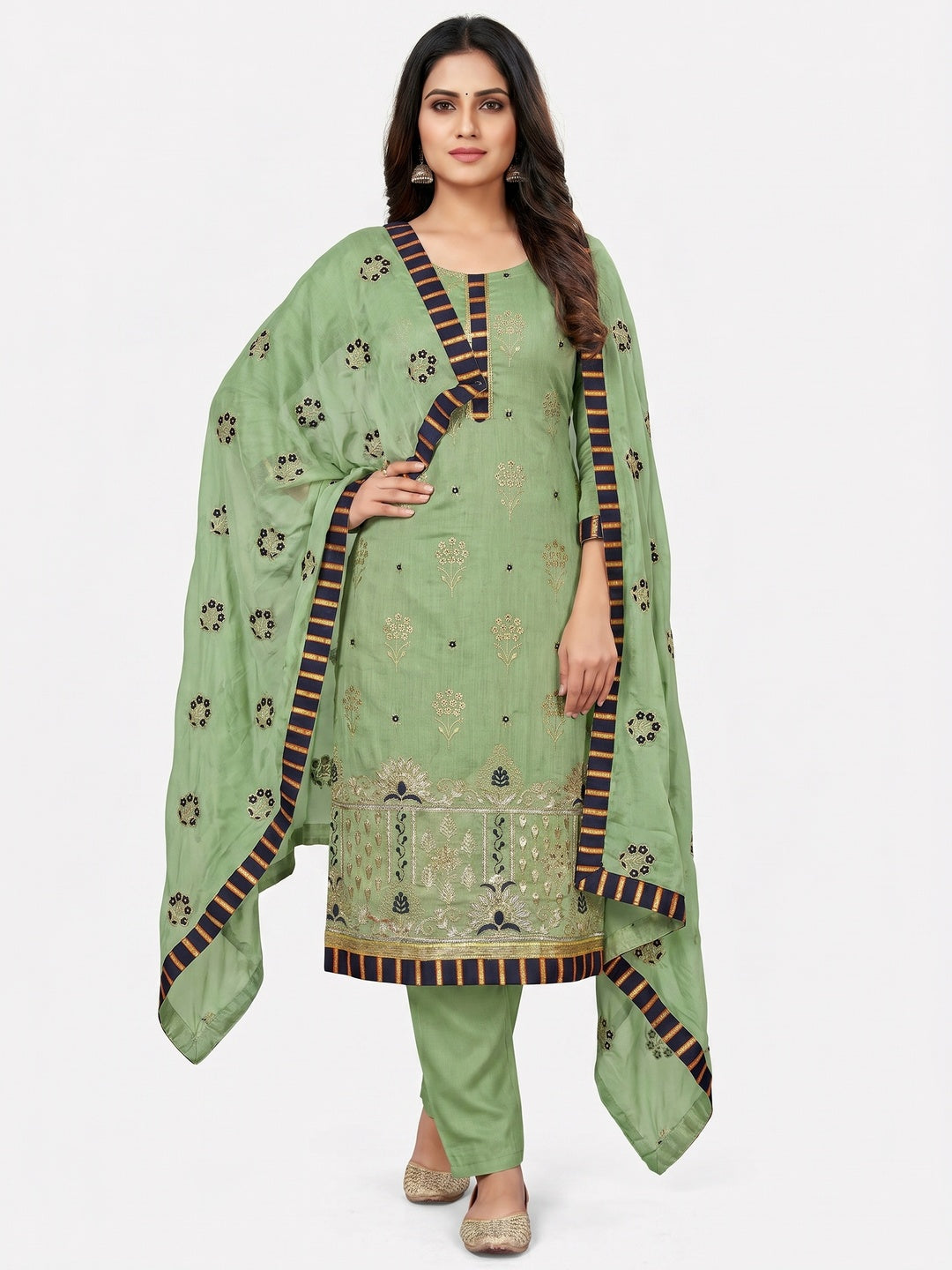 Green Floral Printed With Embroidery Modal Dress Material - Image 1