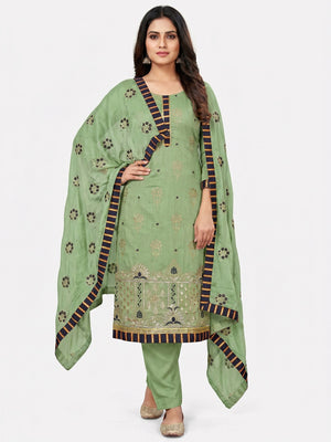 Green Floral Printed With Embroidery Modal Dress Material - Image 1