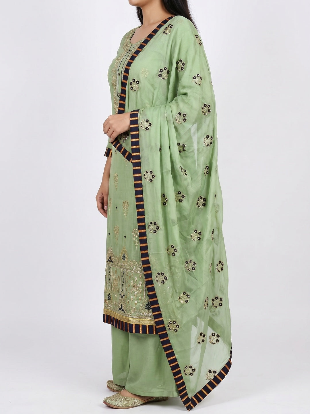 Green Floral Printed With Embroidery Modal Dress Material - Image 3