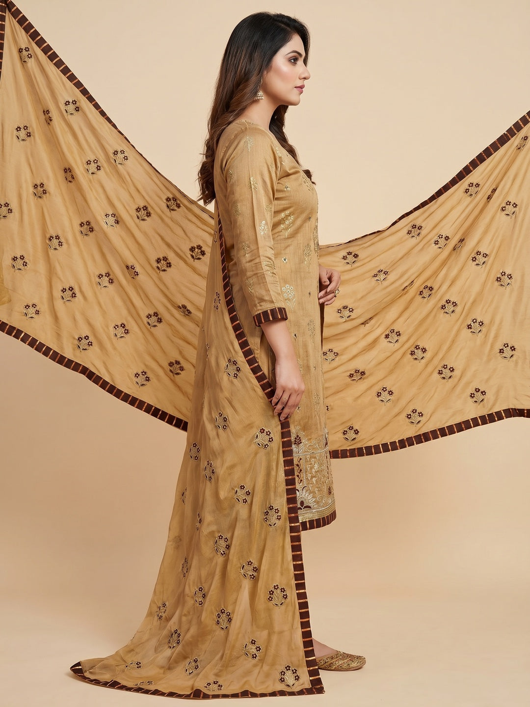 Chikoo Floral Printed With Embroidery Modal Dress Material - Image 3