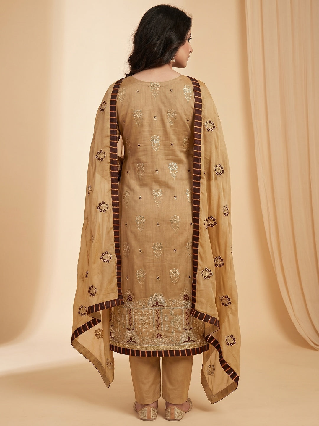 Chikoo Floral Printed With Embroidery Modal Dress Material - Image 2