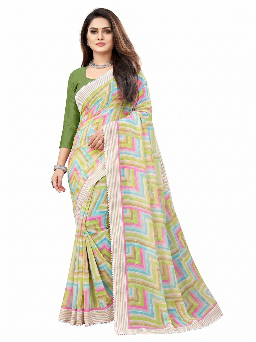 Light Green Checked Printed Georgette Saree - Image 1
