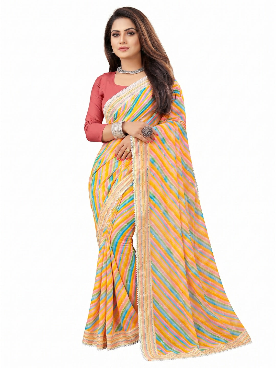 Yellow Striped Printed Georgette Saree - Image 1