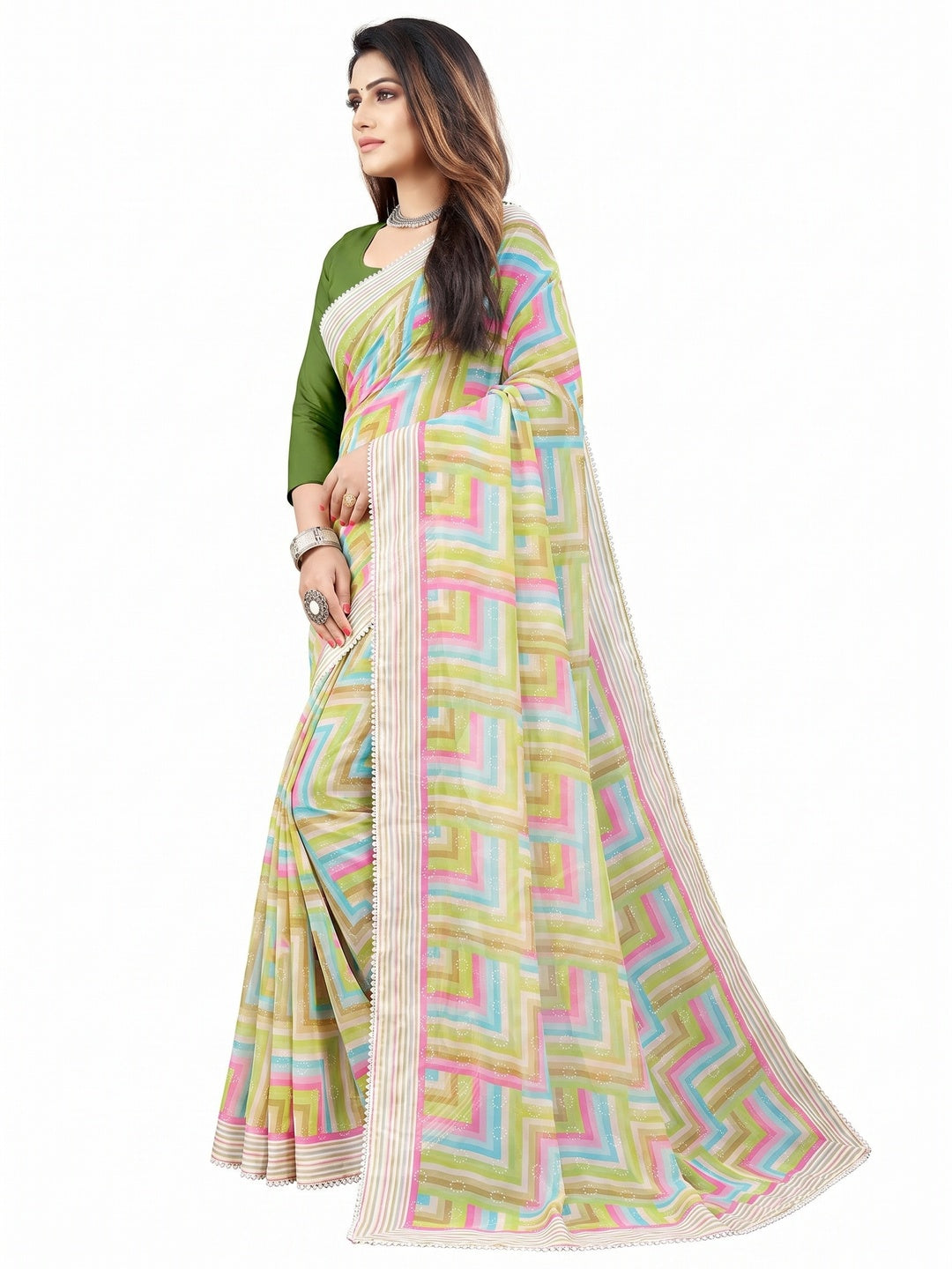 Light Green Checked Printed Georgette Saree - Image 2