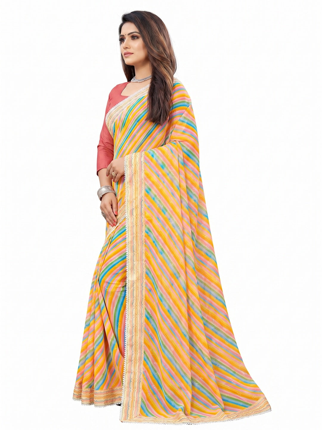 Yellow Striped Printed Georgette Saree - Image 2