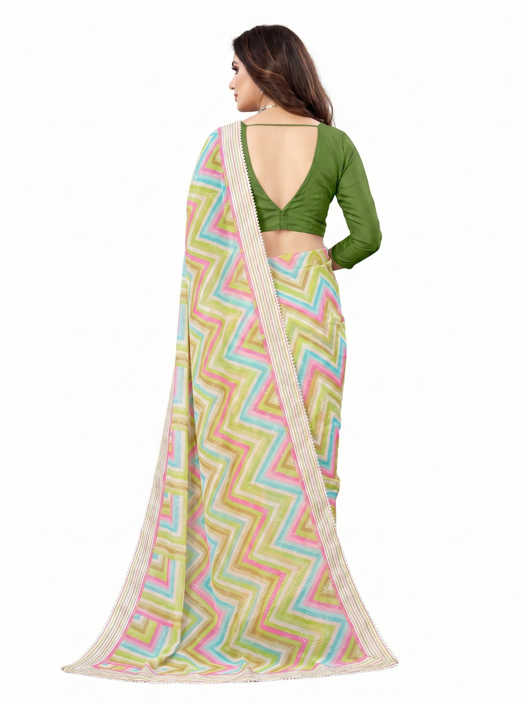 Light Green Checked Printed Georgette Saree - Image 3