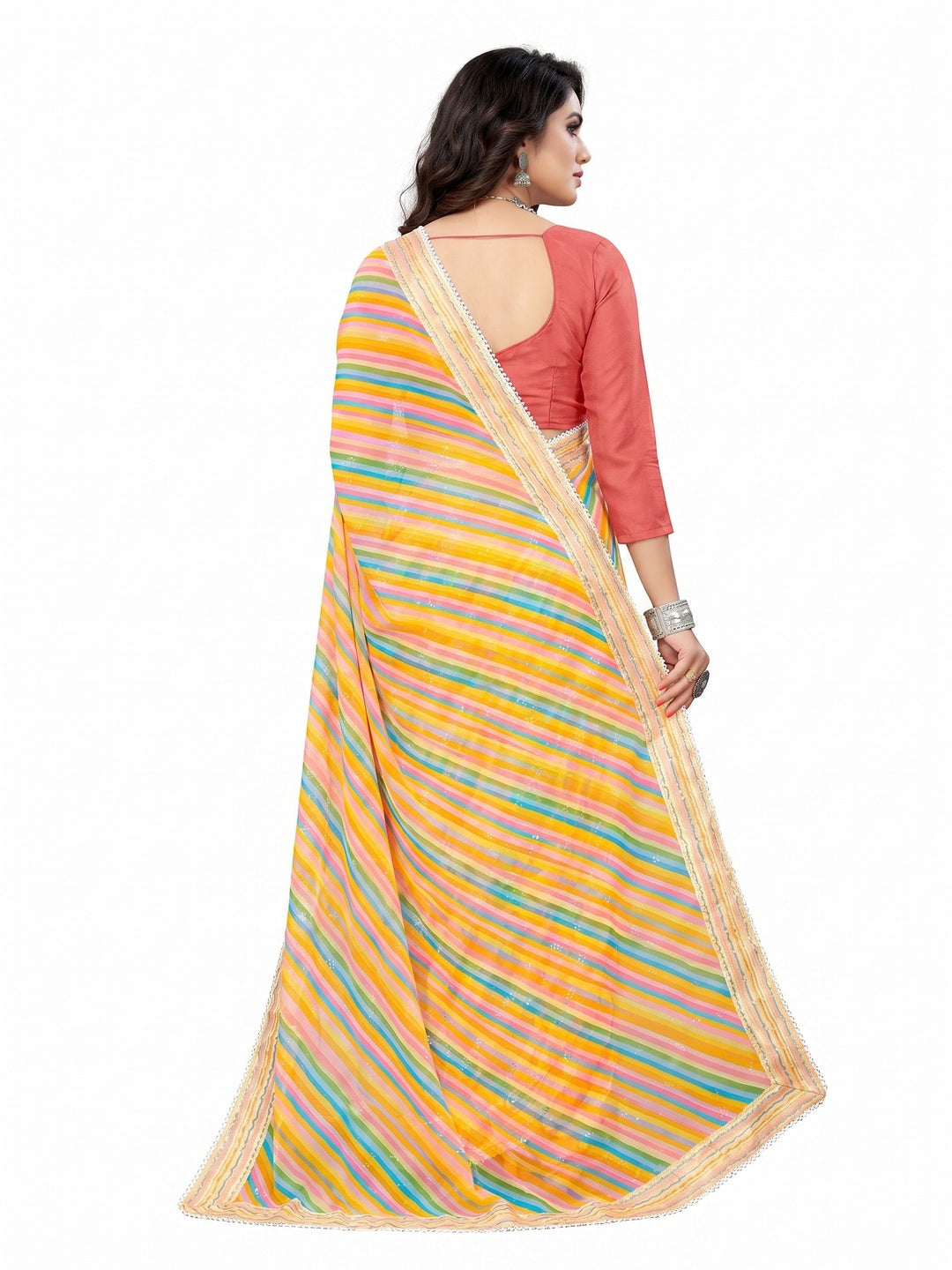 Yellow Striped Printed Georgette Saree - Image 3