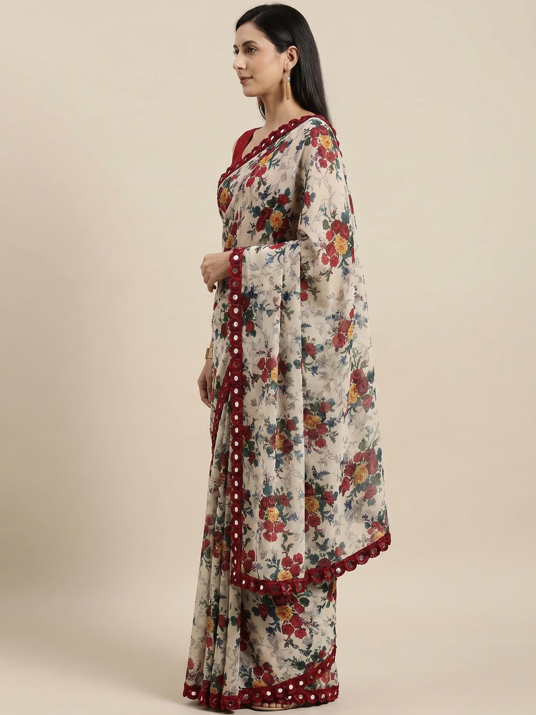 Off White Floral Printed Georgette Saree - Image 1