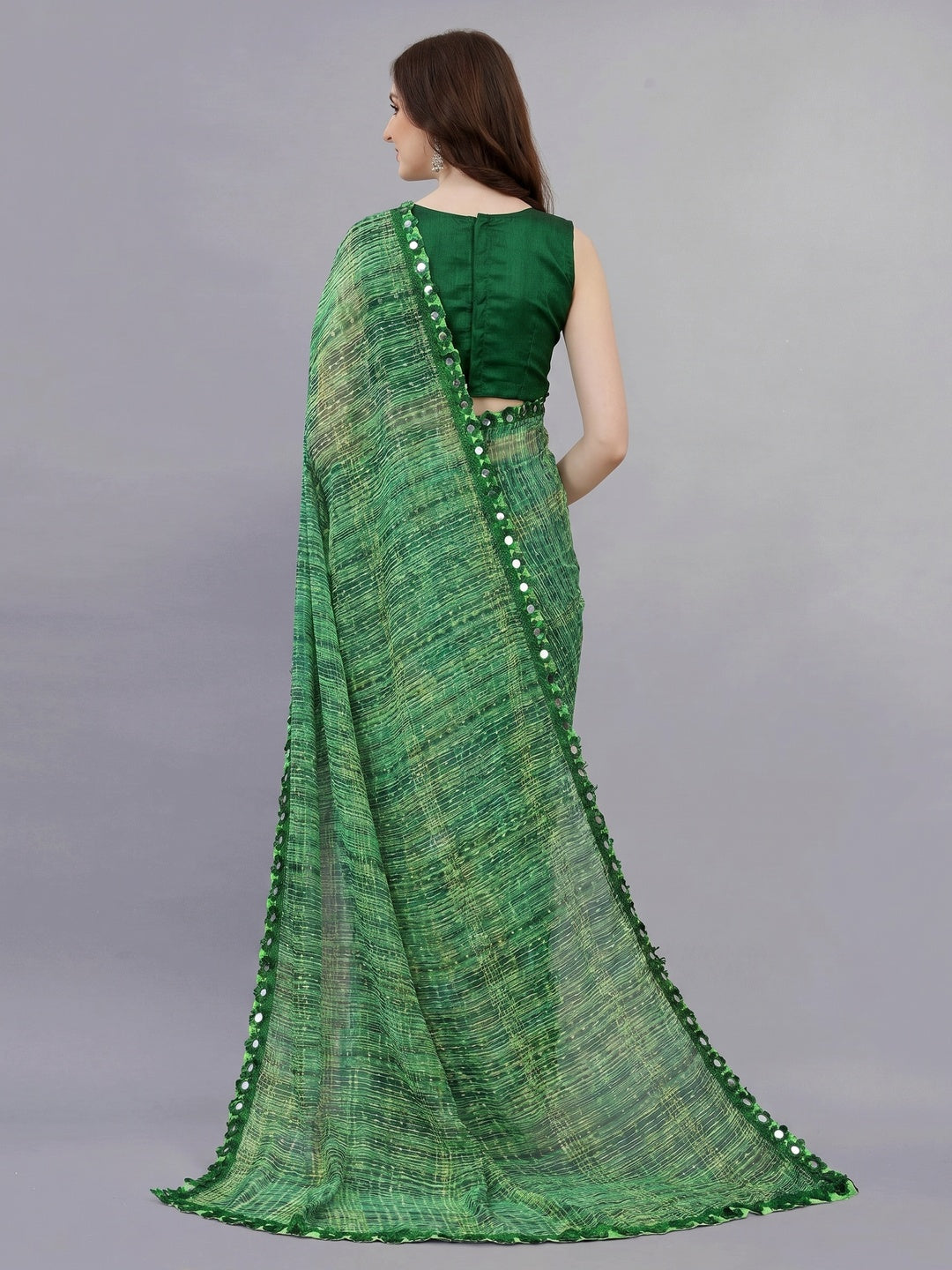 Green Floral Printed Georgette Saree - Image 2