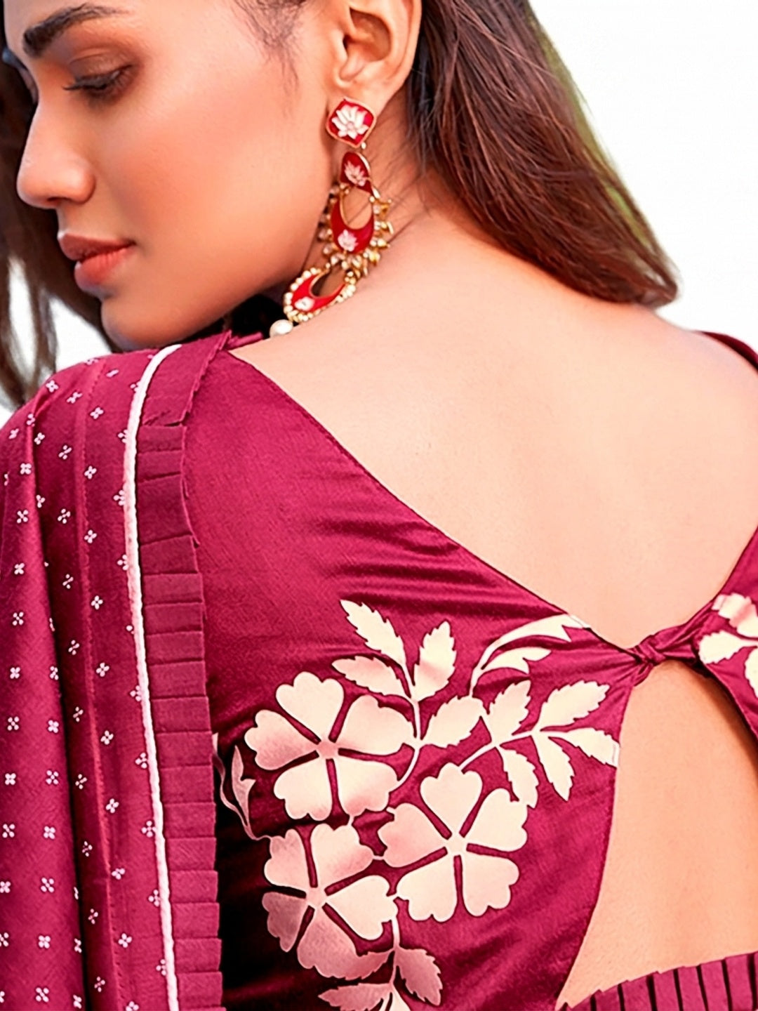 Maroon Printed With Pleated Border Cotton Silk Saree - Image 1