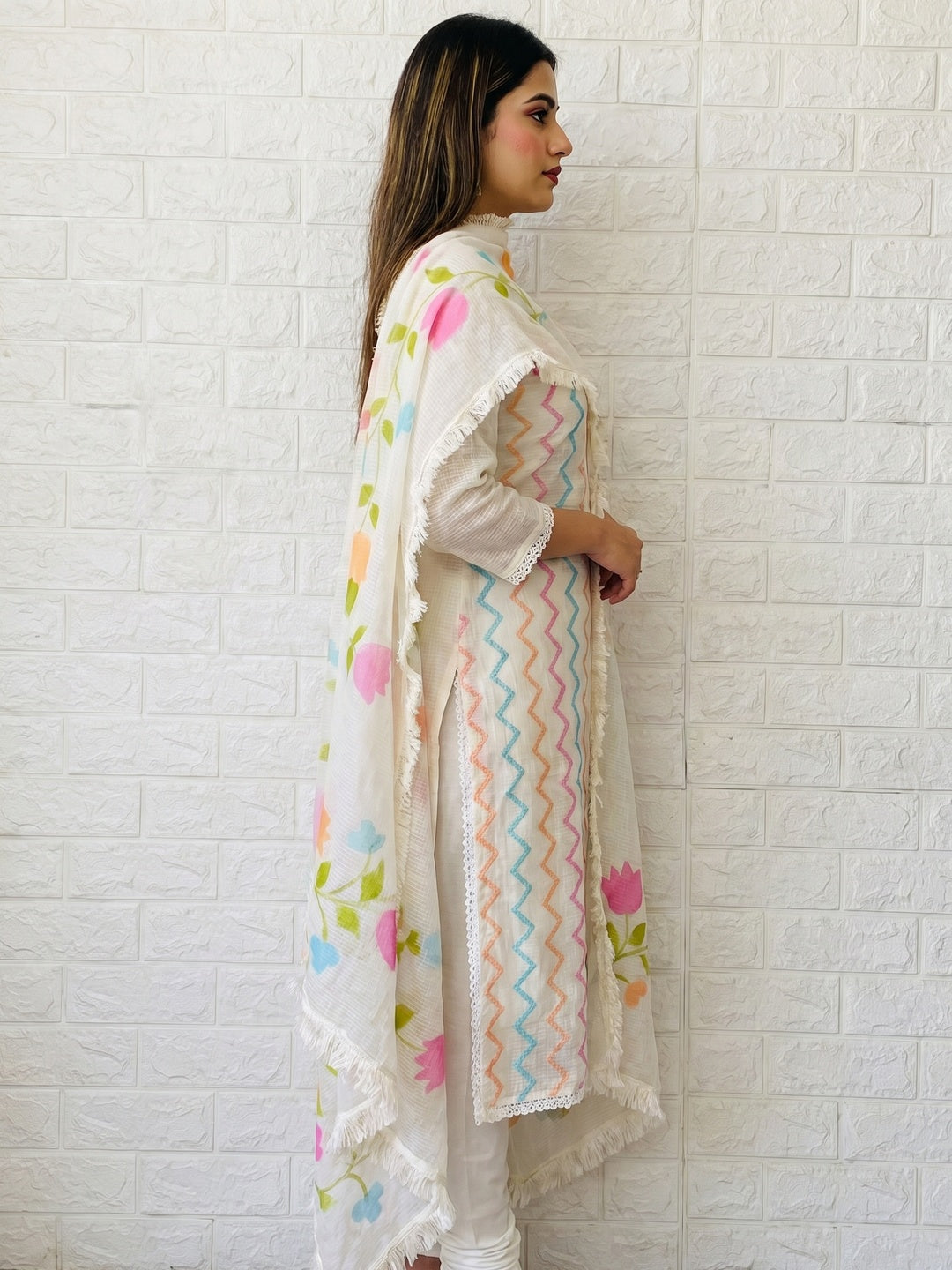 Off White Printed Kota Doria Dress Material - Image 2