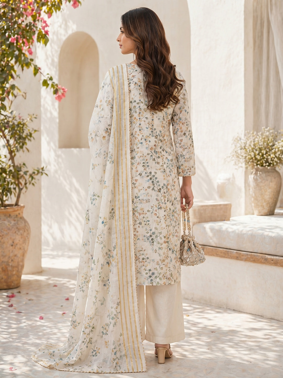 Cream Floral Printed Linen Dress Material - Image 3