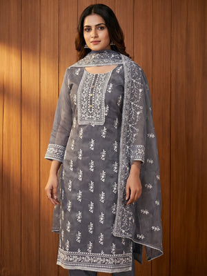 Grey Floral Embroidered Organza Dress Material - Image 1