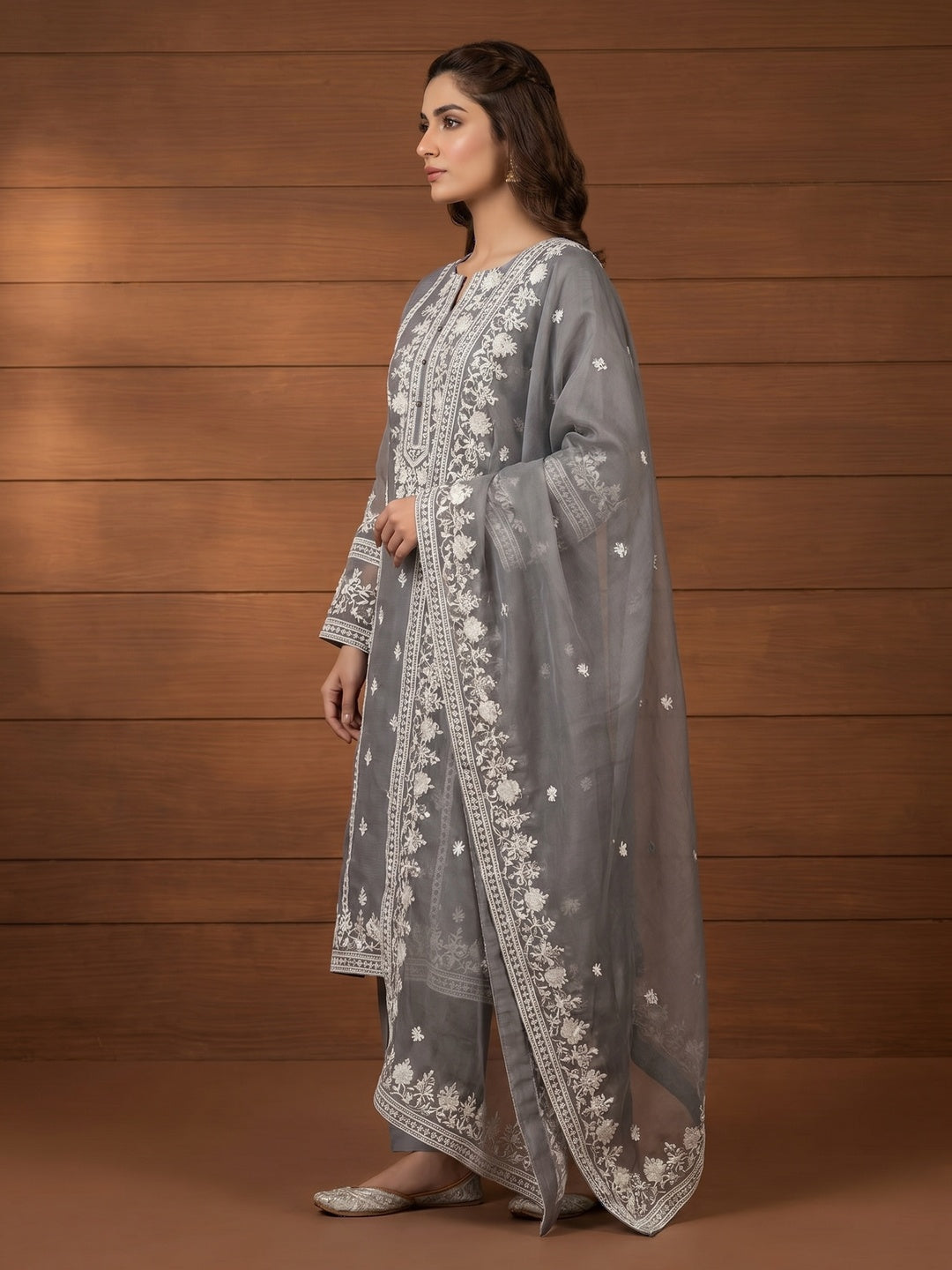 Grey Floral Embroidered Organza Dress Material - Image 3