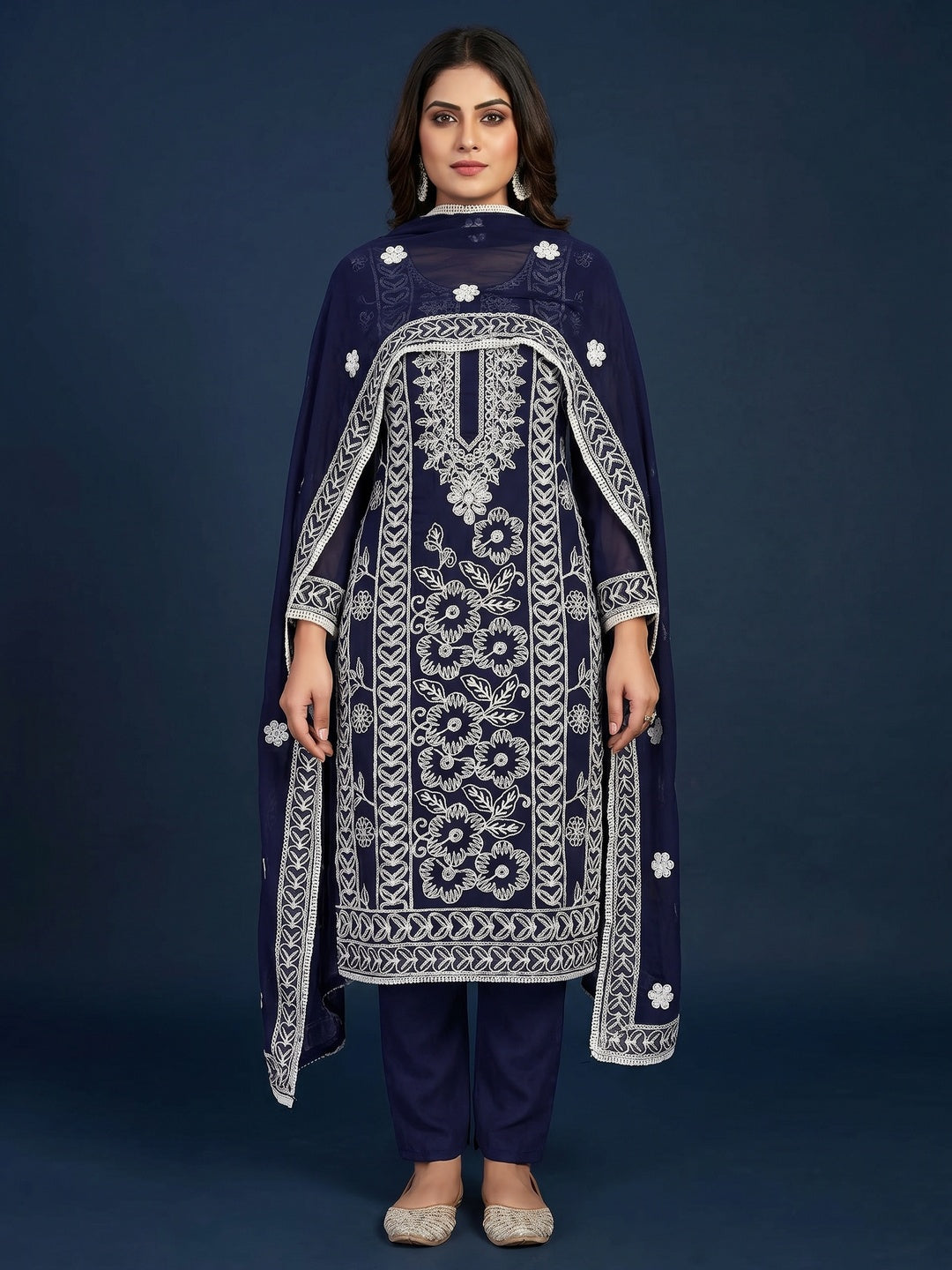 Navy Blue Floral Embroidered Georgette Dress Material - Image 1