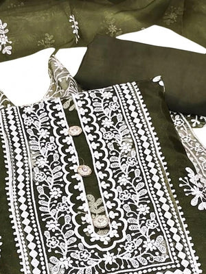 Mehendi Green Floral Embroidered Organza Dress Material - Image 2