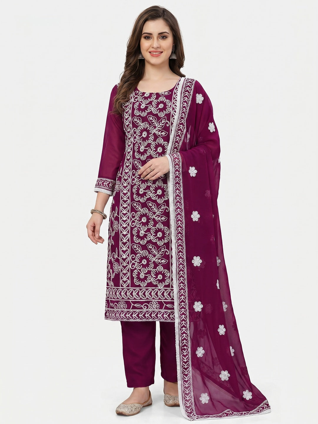 Wine Floral Embroidered Georgette Dress Material - Image 1