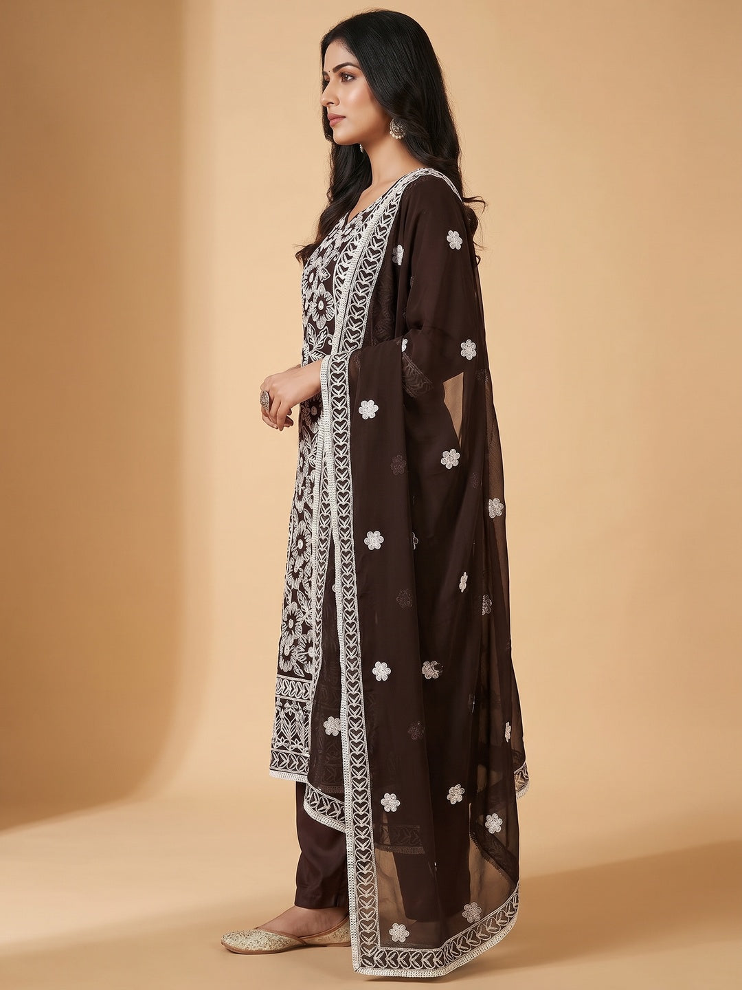 Coffee Brown Floral Embroidered Georgette Dress Material - Image 2