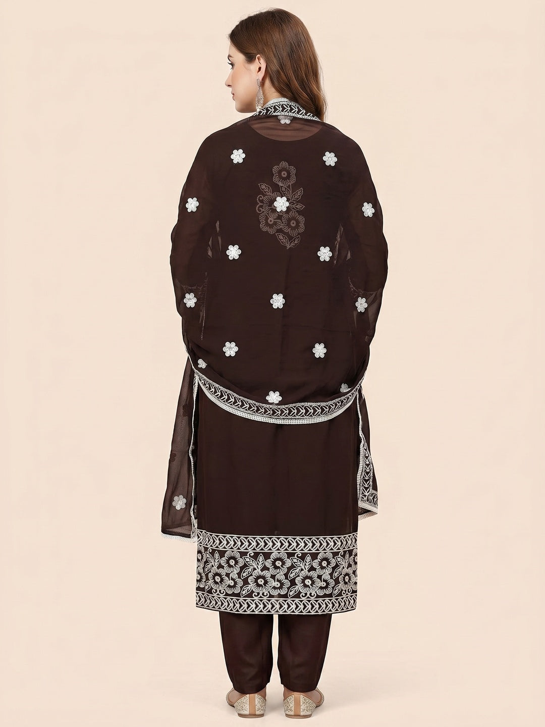 Coffee Brown Floral Embroidered Georgette Dress Material - Image 3