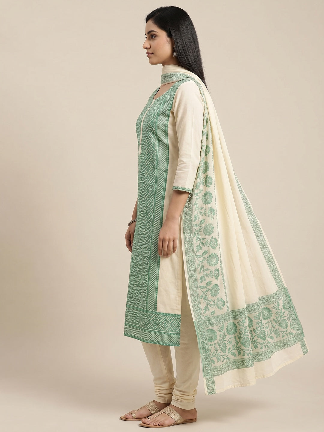 Cream & Green Floral Woven Pure Cotton Dress Material - Image 2