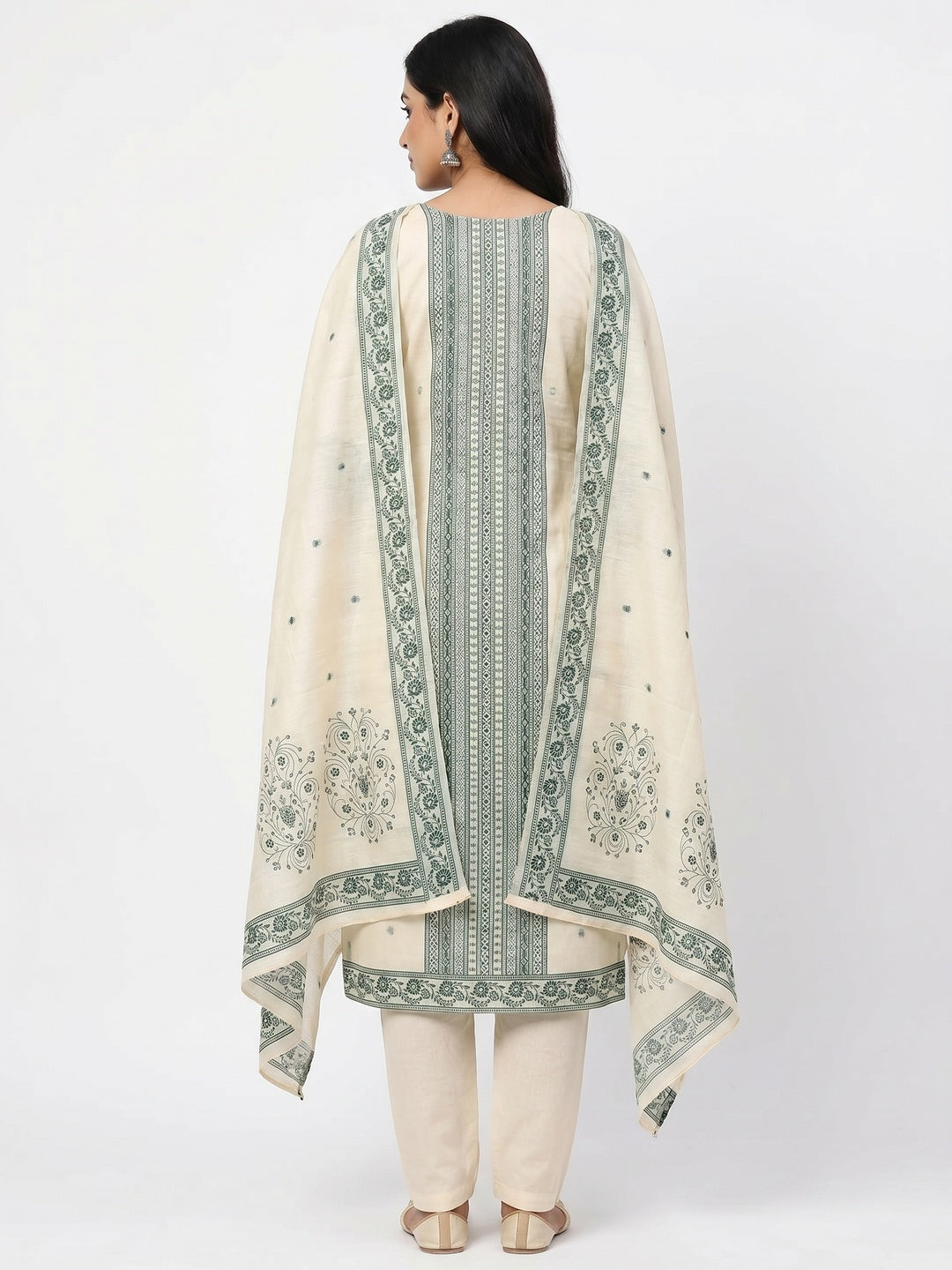 Cream & Green Floral Woven Pure Cotton Dress Material - Image 3